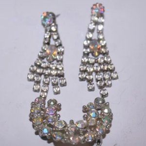 Vintage Aurora Borealis AB Crystal Drop Wedding Or? Earrings & Brooch Pin Set